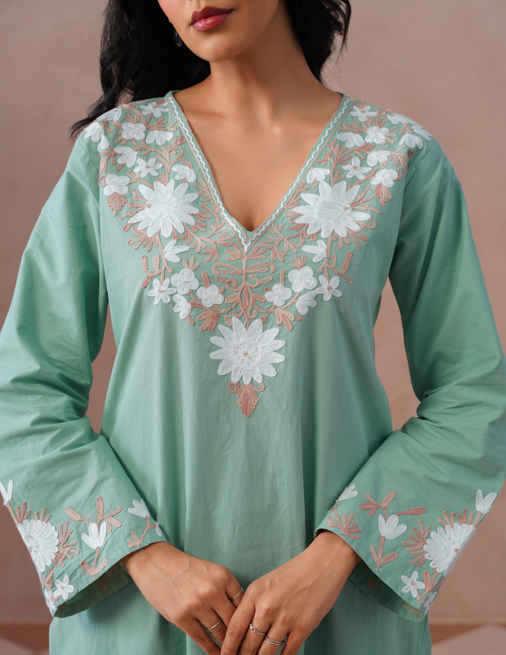 Light Green Poplin Coordset – White &amp; Fawn Aari Work | Casual Ethnic Wear - Kashmir Box