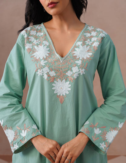 Light Green Poplin Coordset – White &amp; Fawn Aari Work | Casual Ethnic Wear - Kashmir Box