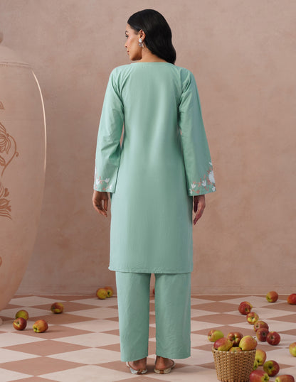 Light Green Poplin Coordset – White &amp; Fawn Aari Work | Casual Ethnic Wear - Kashmir Box