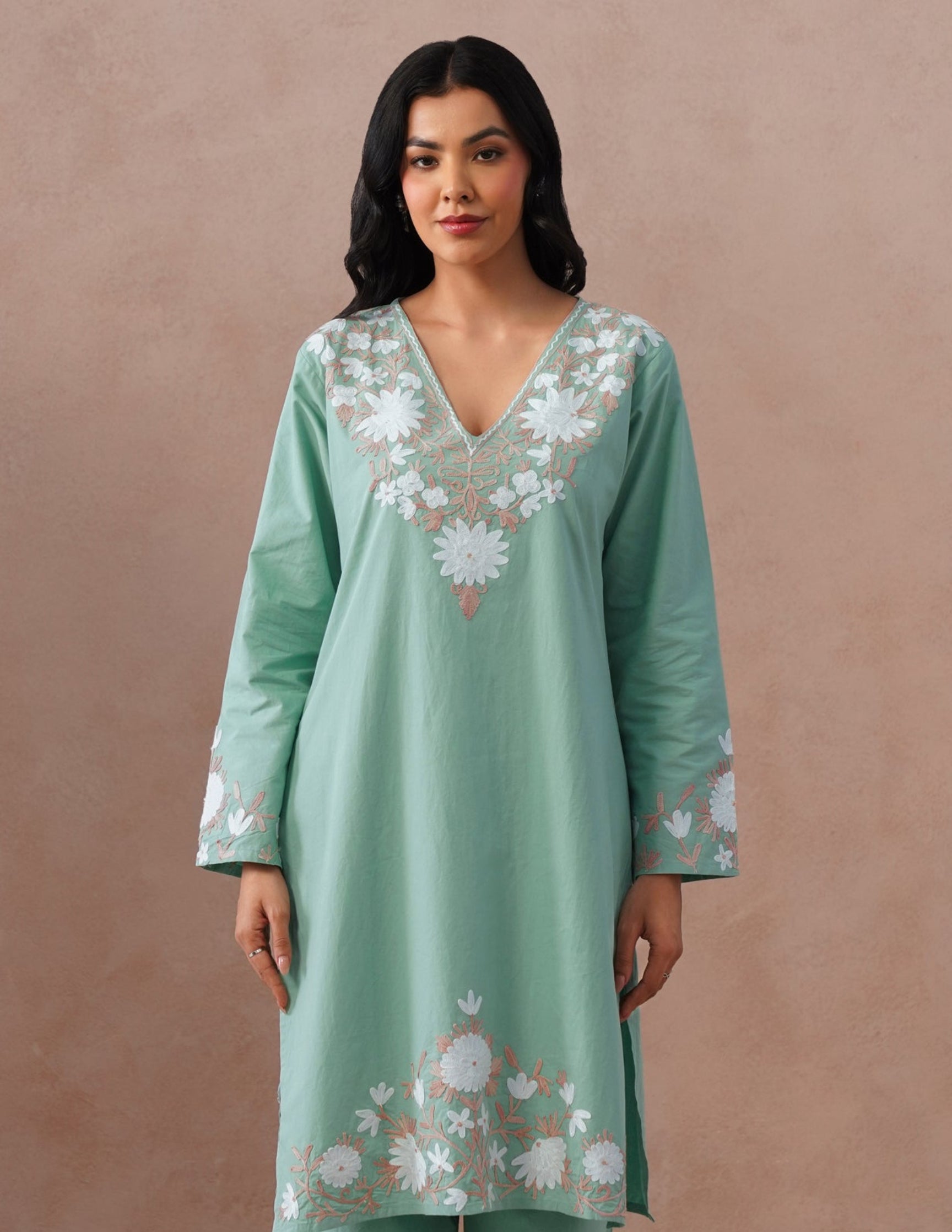 Light Green Poplin Coordset – White &amp; Fawn Aari Work | Casual Ethnic Wear - Kashmir Box