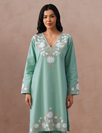 Light Green Poplin Coordset – White &amp; Fawn Aari Work | Casual Ethnic Wear - Kashmir Box