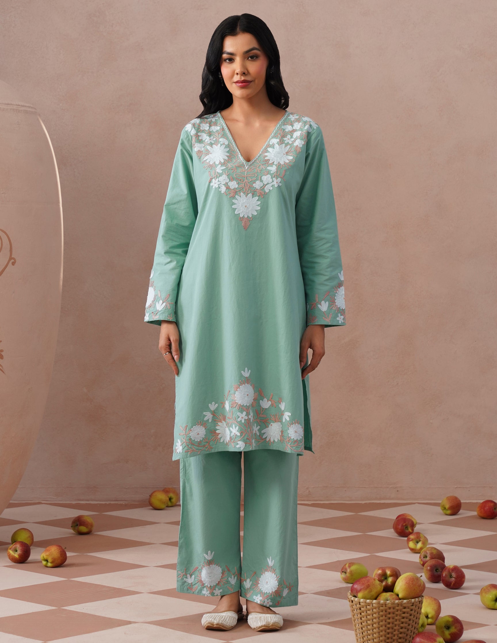 Light Green Poplin Coordset – White &amp; Fawn Aari Work | Casual Ethnic Wear - Kashmir Box