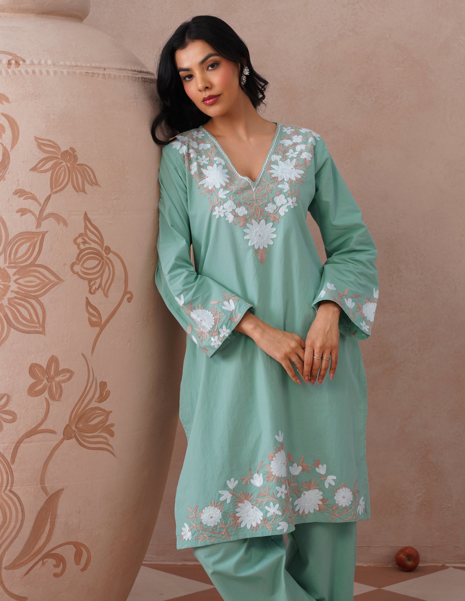 Light Green Poplin Coordset – White &amp; Fawn Aari Work | Casual Ethnic Wear - Kashmir Box