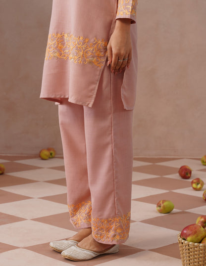 Dusky Pink Cotton Coordset – Green &amp; Golden Aari Embroidery | Office &amp; Casual Ethnic Wear - Kashmir Box