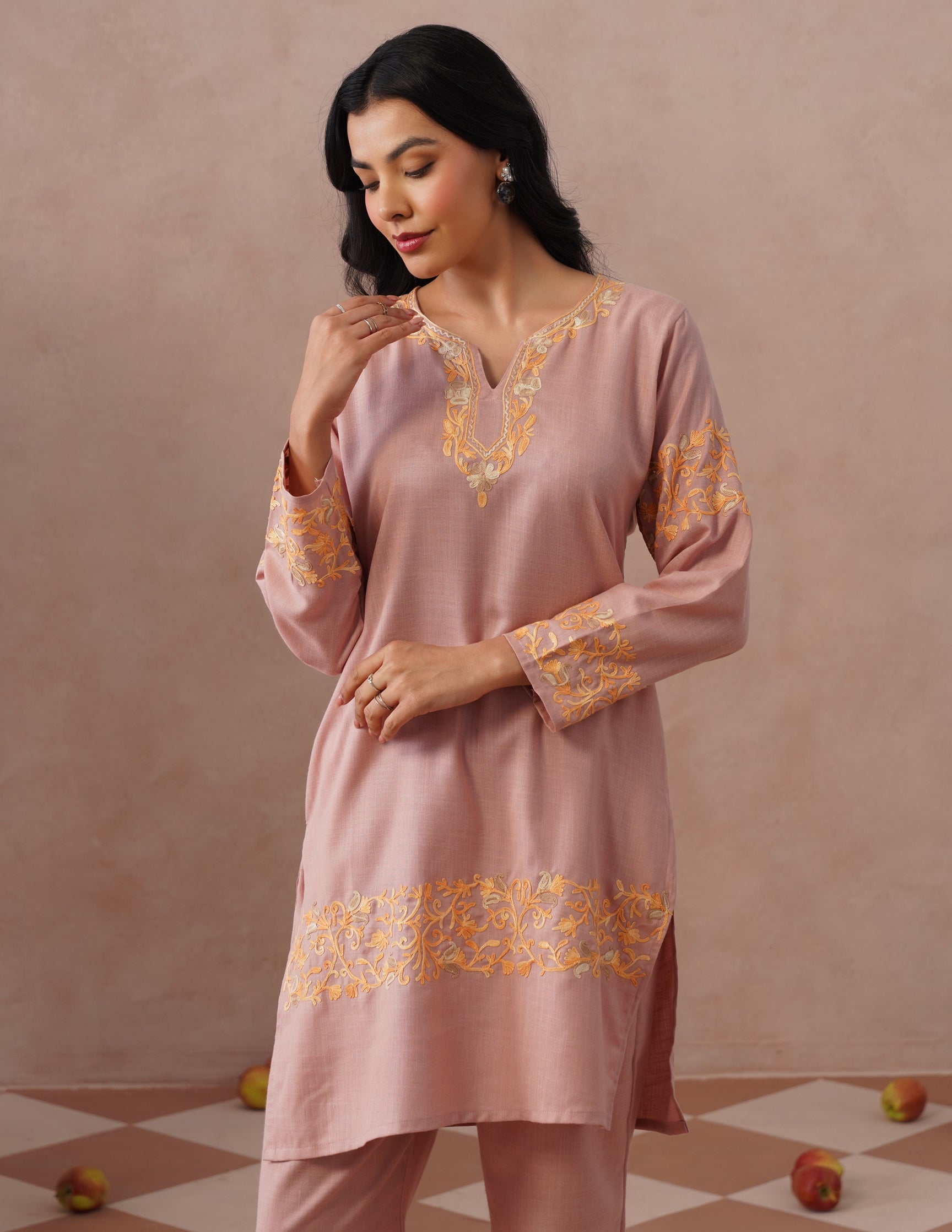 Dusky Pink Cotton Coordset – Green &amp; Golden Aari Embroidery | Office &amp; Casual Ethnic Wear - Kashmir Box