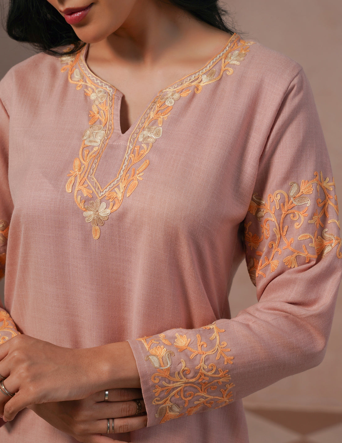 Dusky Pink Cotton Coordset – Green &amp; Golden Aari Embroidery | Office &amp; Casual Ethnic Wear - Kashmir Box