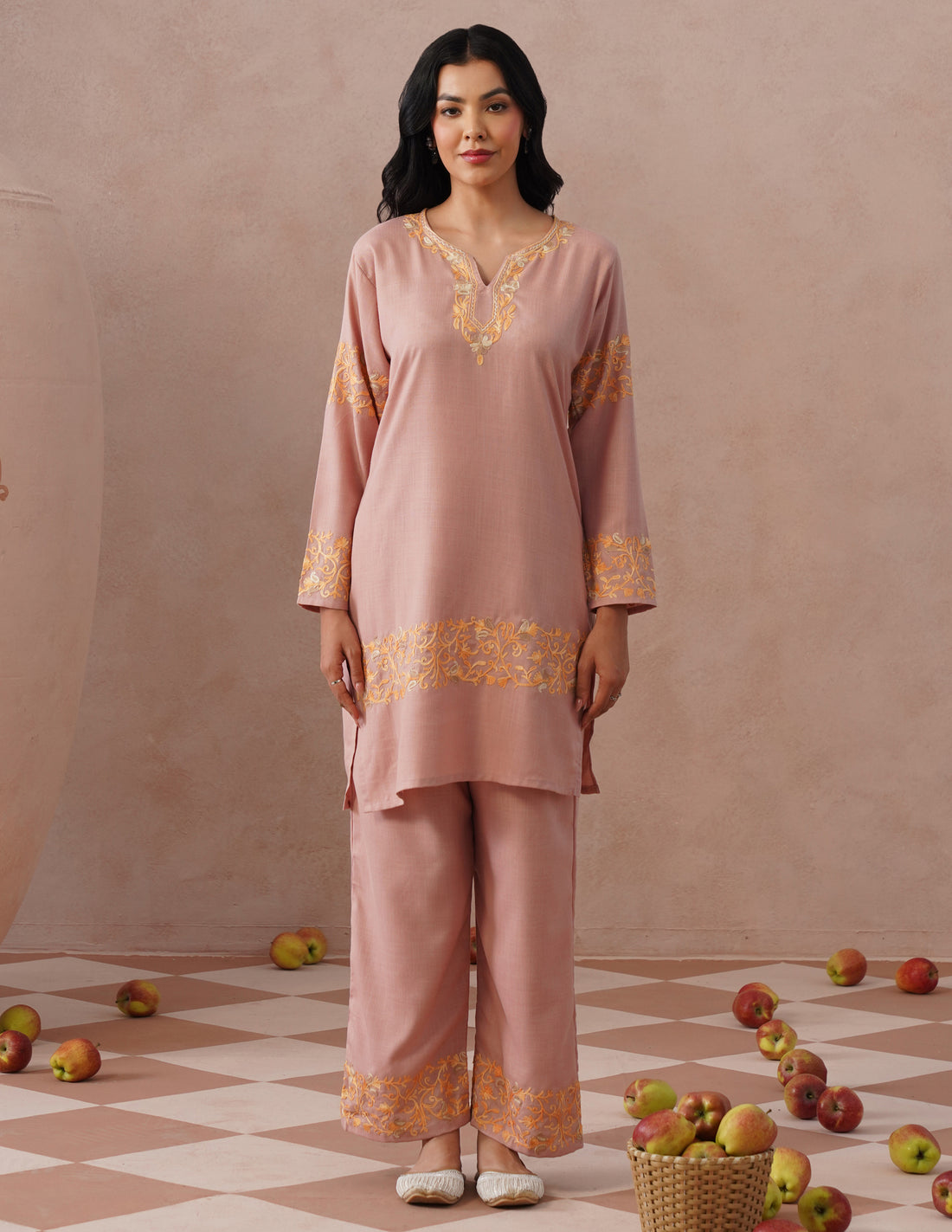 Dusky Pink Cotton Coordset – Green &amp; Golden Aari Embroidery | Office &amp; Casual Ethnic Wear - Kashmir Box