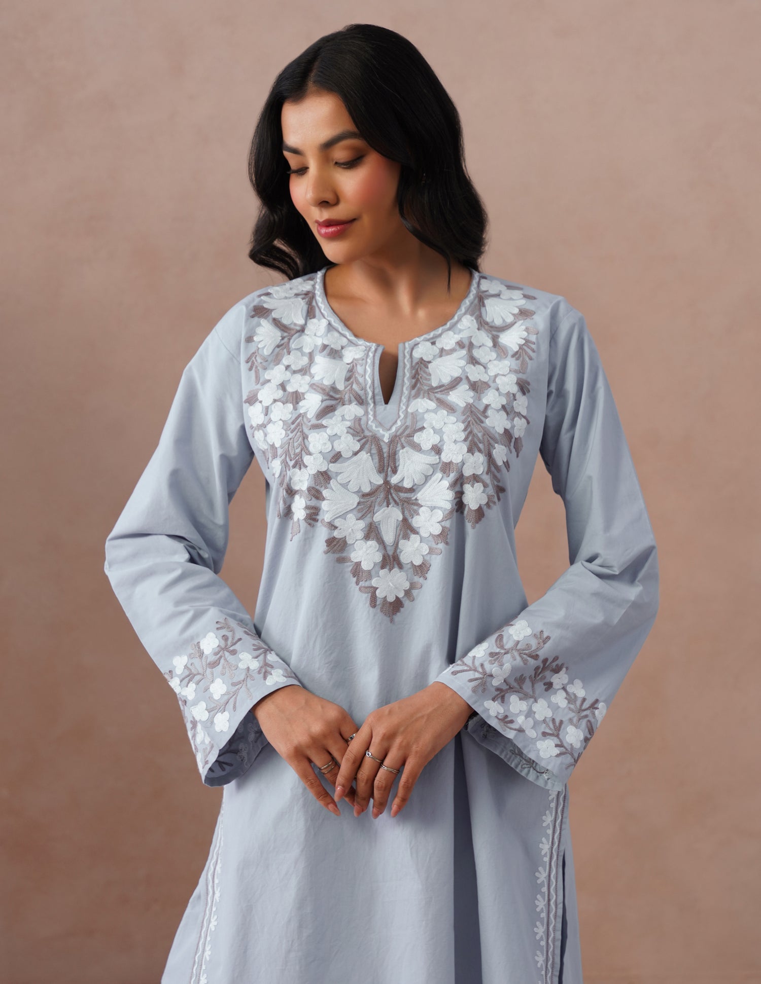Light Blue Poplin Coordset – Brown &amp; White Aari Embroidery | Office Ethnic Wear - Kashmir Box