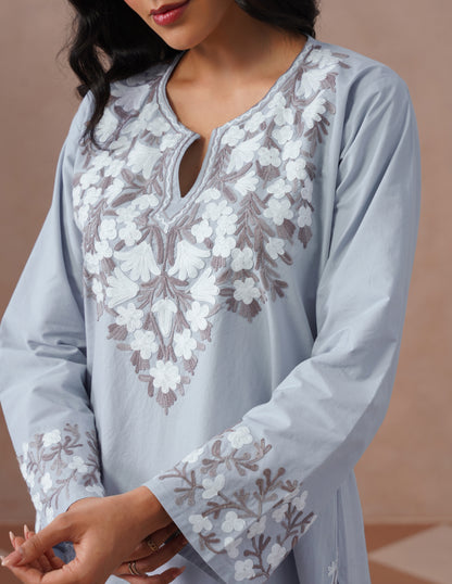 Light Blue Poplin Coordset – Brown &amp; White Aari Embroidery | Office Ethnic Wear - Kashmir Box