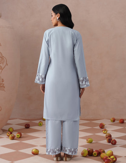 Light Blue Poplin Coordset – Brown &amp; White Aari Embroidery | Office Ethnic Wear - Kashmir Box