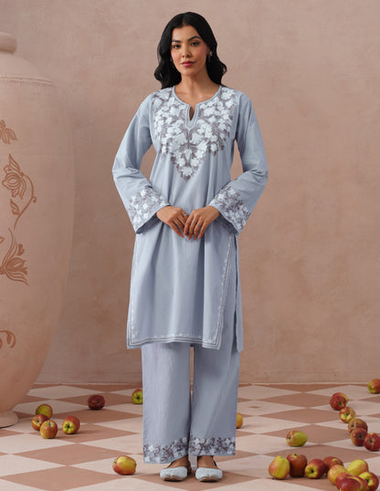 Light Blue Poplin Coordset – Brown &amp; White Aari Embroidery | Office Ethnic Wear - Kashmir Box