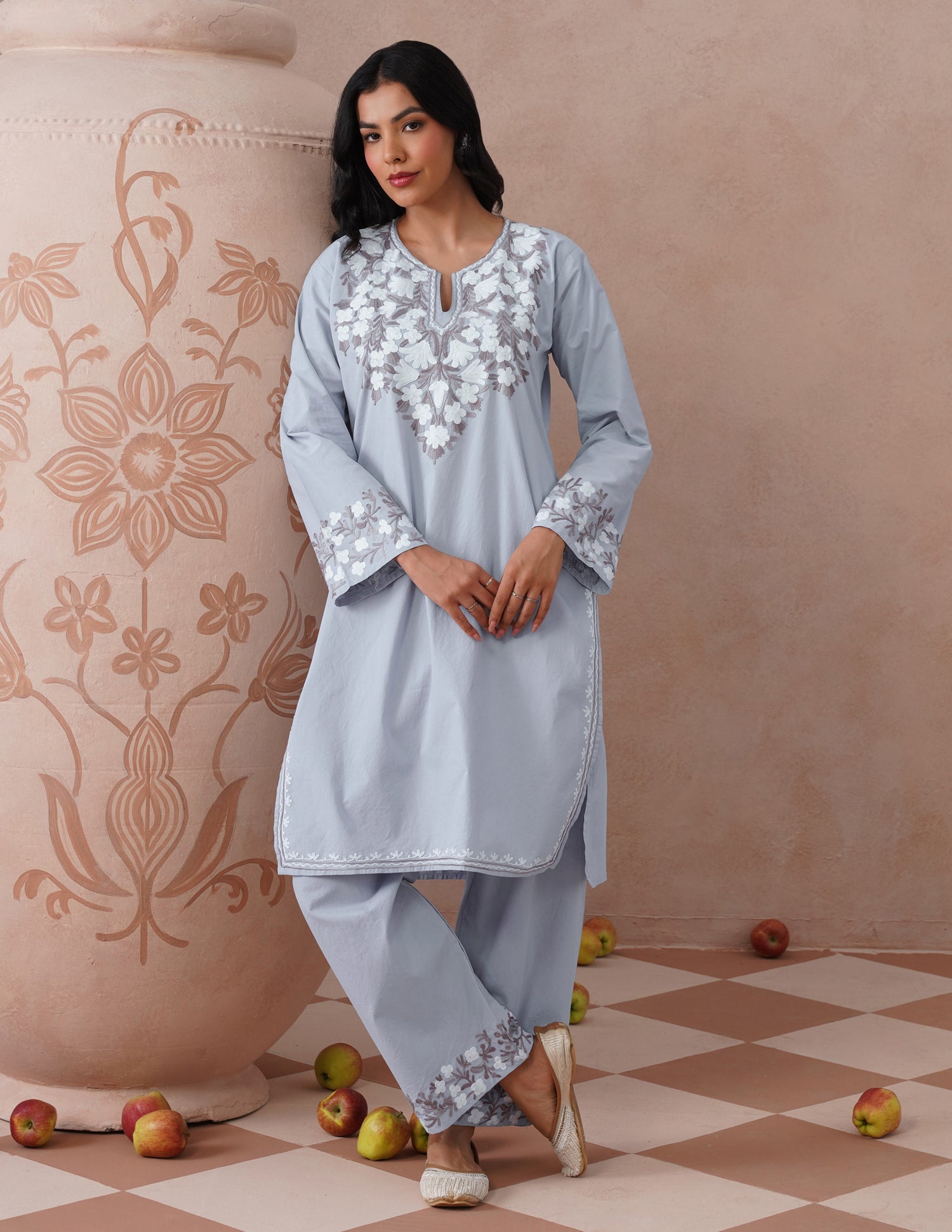 Light Blue Poplin Coordset – Brown &amp; White Aari Embroidery | Office Ethnic Wear - Kashmir Box