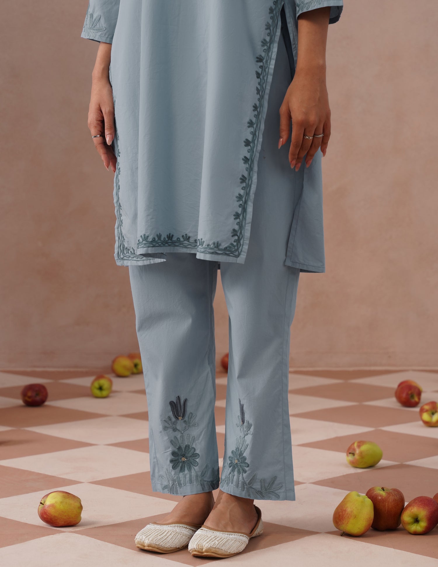 Light Blue Poplin Coordset – Grey &amp; Green Aari Embroidery | Monochrome Ethnic Wear - Kashmir Box