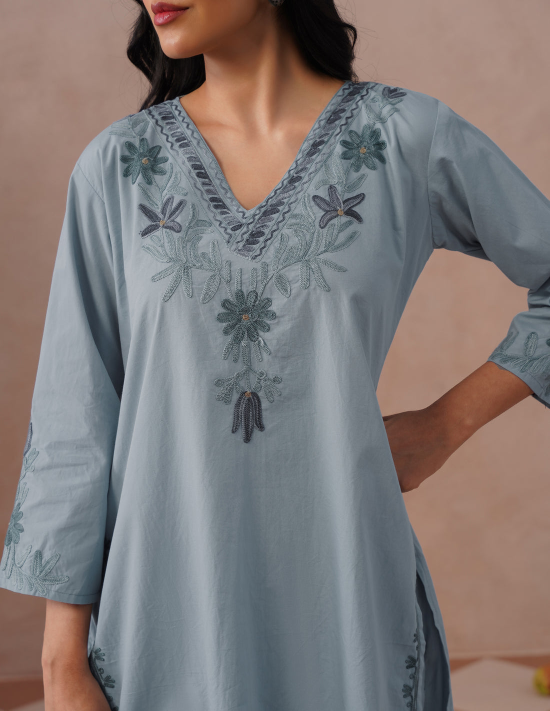 Light Blue Poplin Coordset – Grey &amp; Green Aari Embroidery | Monochrome Ethnic Wear - Kashmir Box