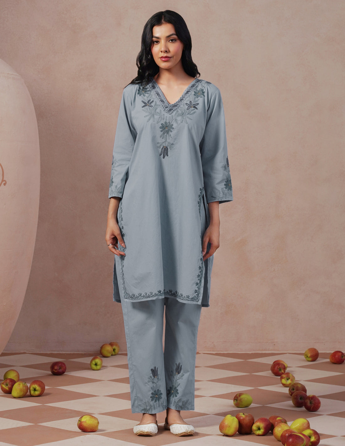Light Blue Poplin Coordset – Grey &amp; Green Aari Embroidery | Monochrome Ethnic Wear - Kashmir Box