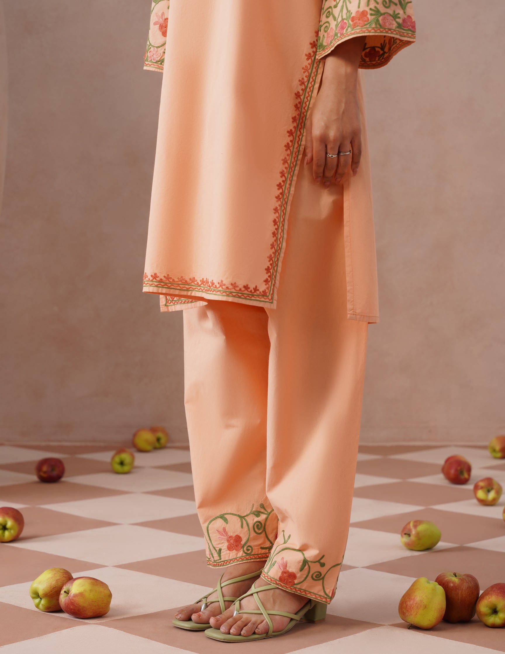 Light Peach Poplin Coordset – Pink &amp; Green Aari Embroidery | Office &amp; Casual Wear - Kashmir Box