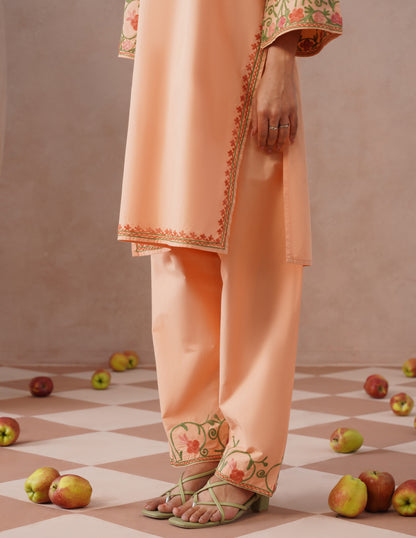 Light Peach Poplin Coordset – Pink &amp; Green Aari Embroidery | Office &amp; Casual Wear - Kashmir Box