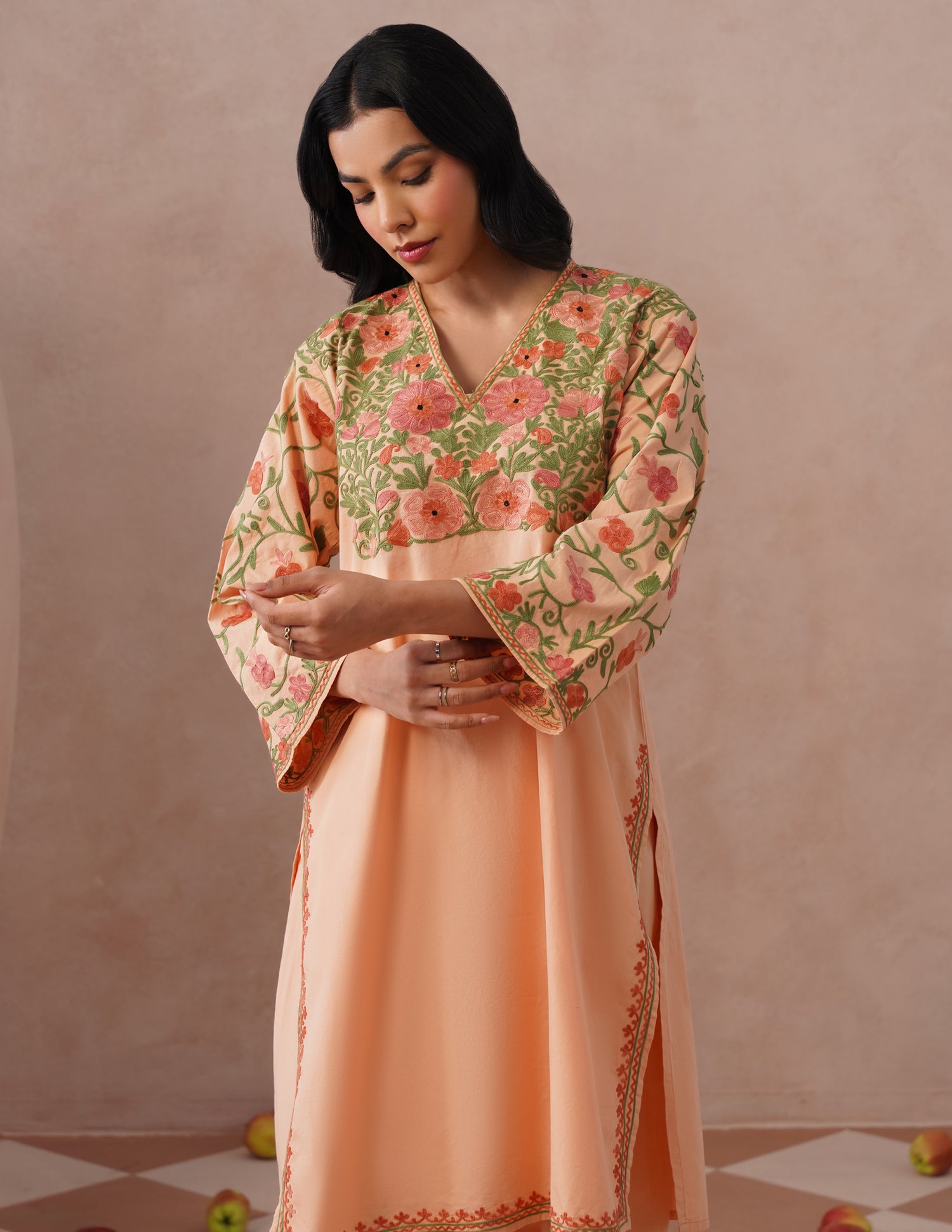 Light Peach Poplin Coordset – Pink &amp; Green Aari Embroidery | Office &amp; Casual Wear - Kashmir Box