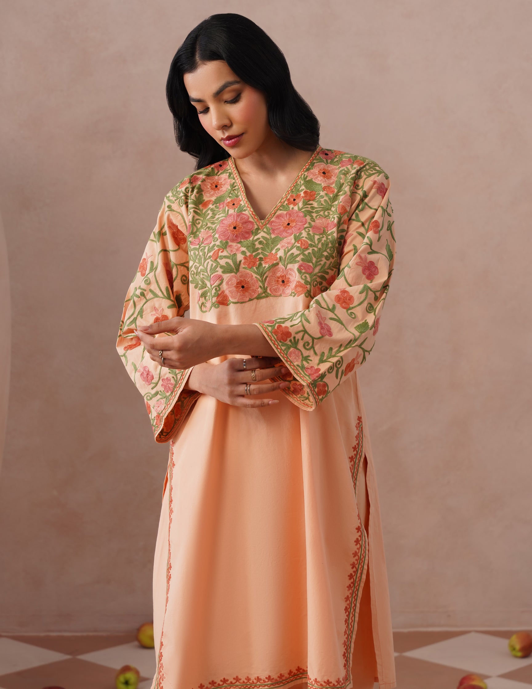 Light Peach Poplin Coordset – Pink &amp; Green Aari Embroidery | Office &amp; Casual Wear - Kashmir Box
