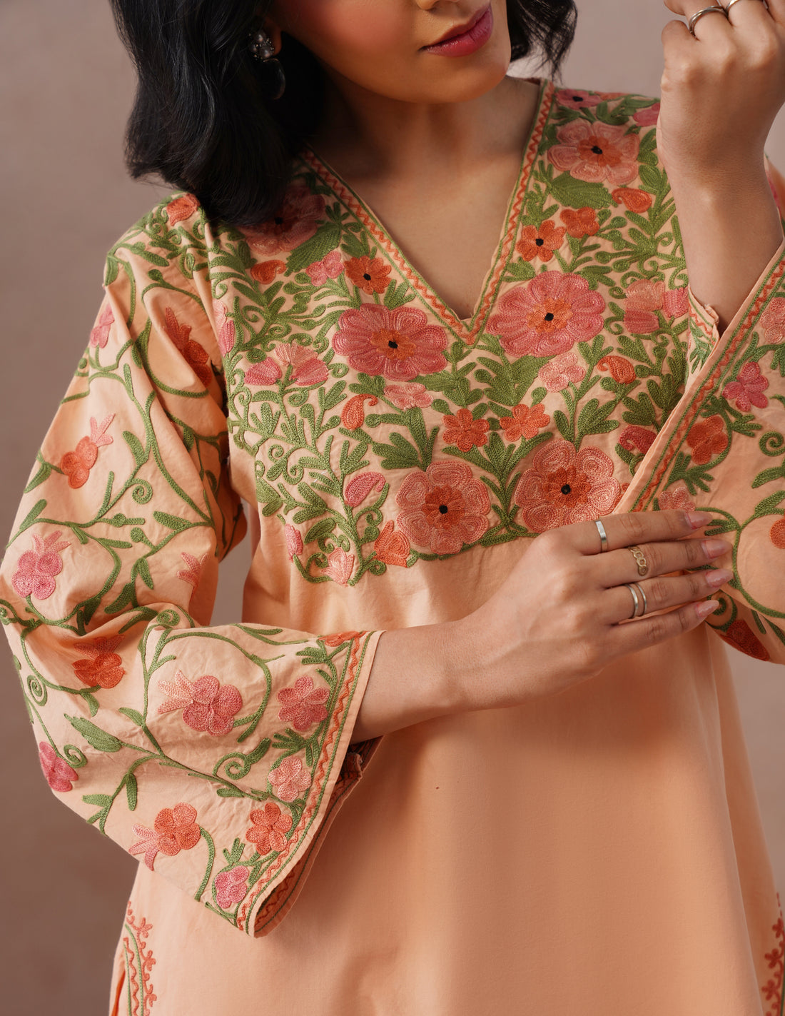 Light Peach Poplin Coordset – Pink &amp; Green Aari Embroidery | Office &amp; Casual Wear - Kashmir Box