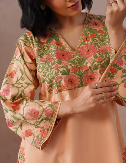 Light Peach Poplin Coordset – Pink &amp; Green Aari Embroidery | Office &amp; Casual Wear - Kashmir Box