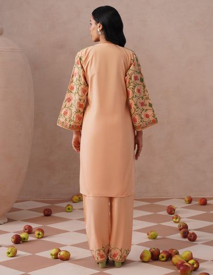 Light Peach Poplin Coordset – Pink &amp; Green Aari Embroidery | Office &amp; Casual Wear - Kashmir Box