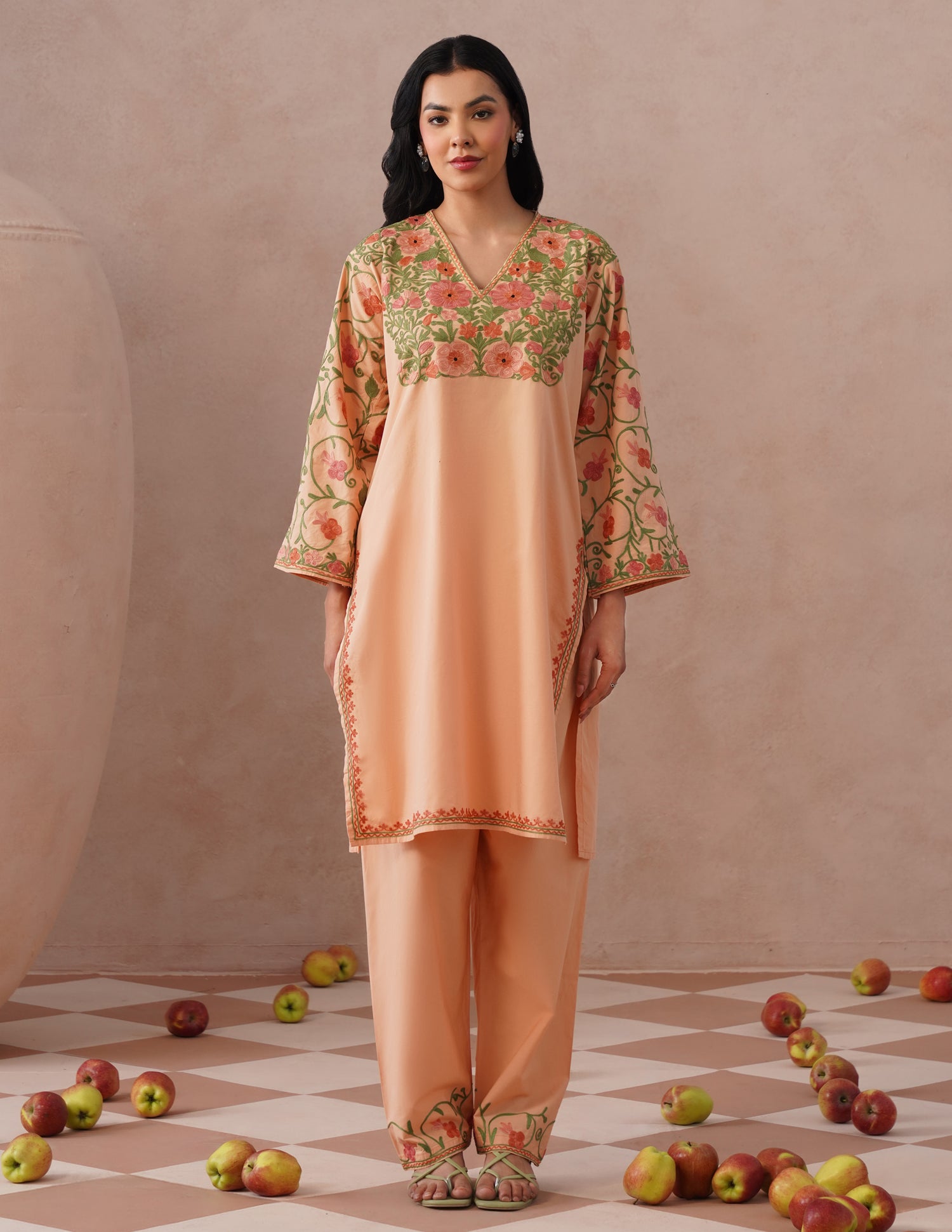 Light Peach Poplin Coordset – Pink &amp; Green Aari Embroidery | Office &amp; Casual Wear - Kashmir Box