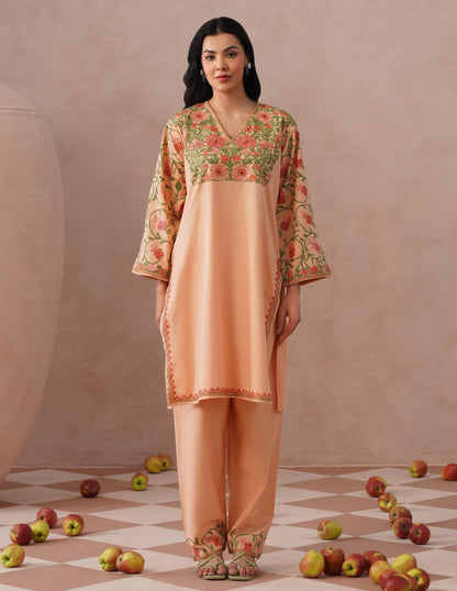 Light Peach Poplin Coordset – Pink &amp; Green Aari Embroidery | Office &amp; Casual Wear - Kashmir Box
