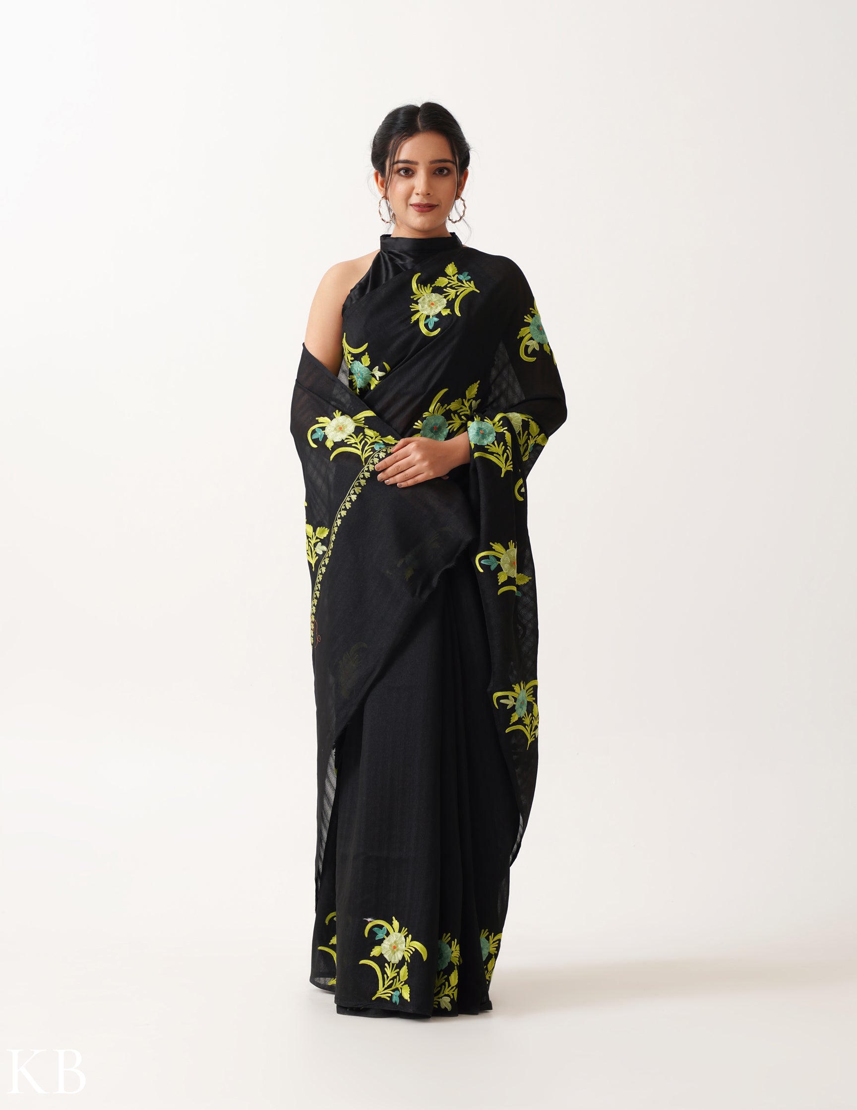 Lush Green Embroidered Classic Black Silk Saree - Kashmir Box