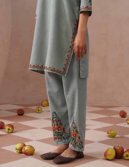 Light Blue Cotton Coordset – Green &amp; Brown Earthy Embroidery | Everyday Ethnic Wear - Kashmir Box