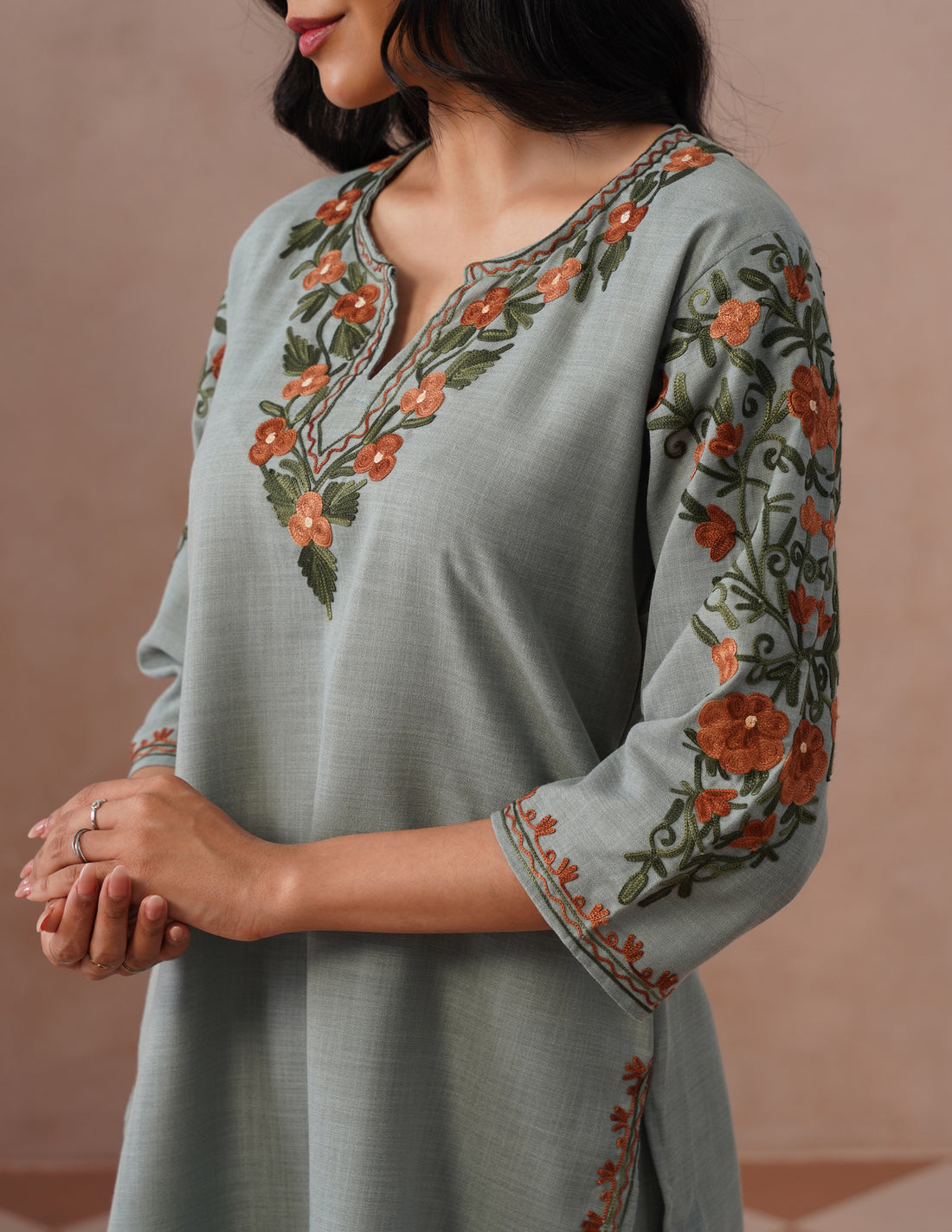 Light Blue Cotton Coordset – Green &amp; Brown Earthy Embroidery | Everyday Ethnic Wear - Kashmir Box