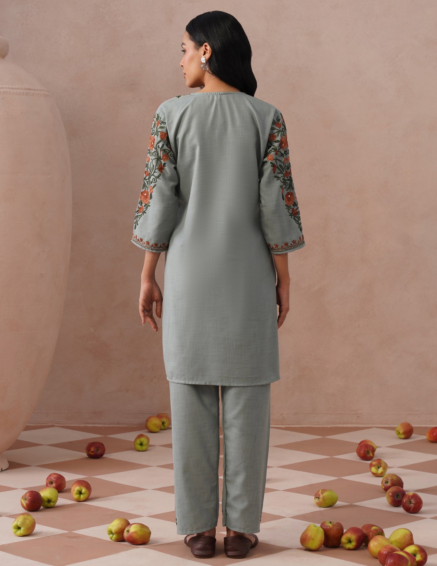 Light Blue Cotton Coordset – Green &amp; Brown Earthy Embroidery | Everyday Ethnic Wear - Kashmir Box