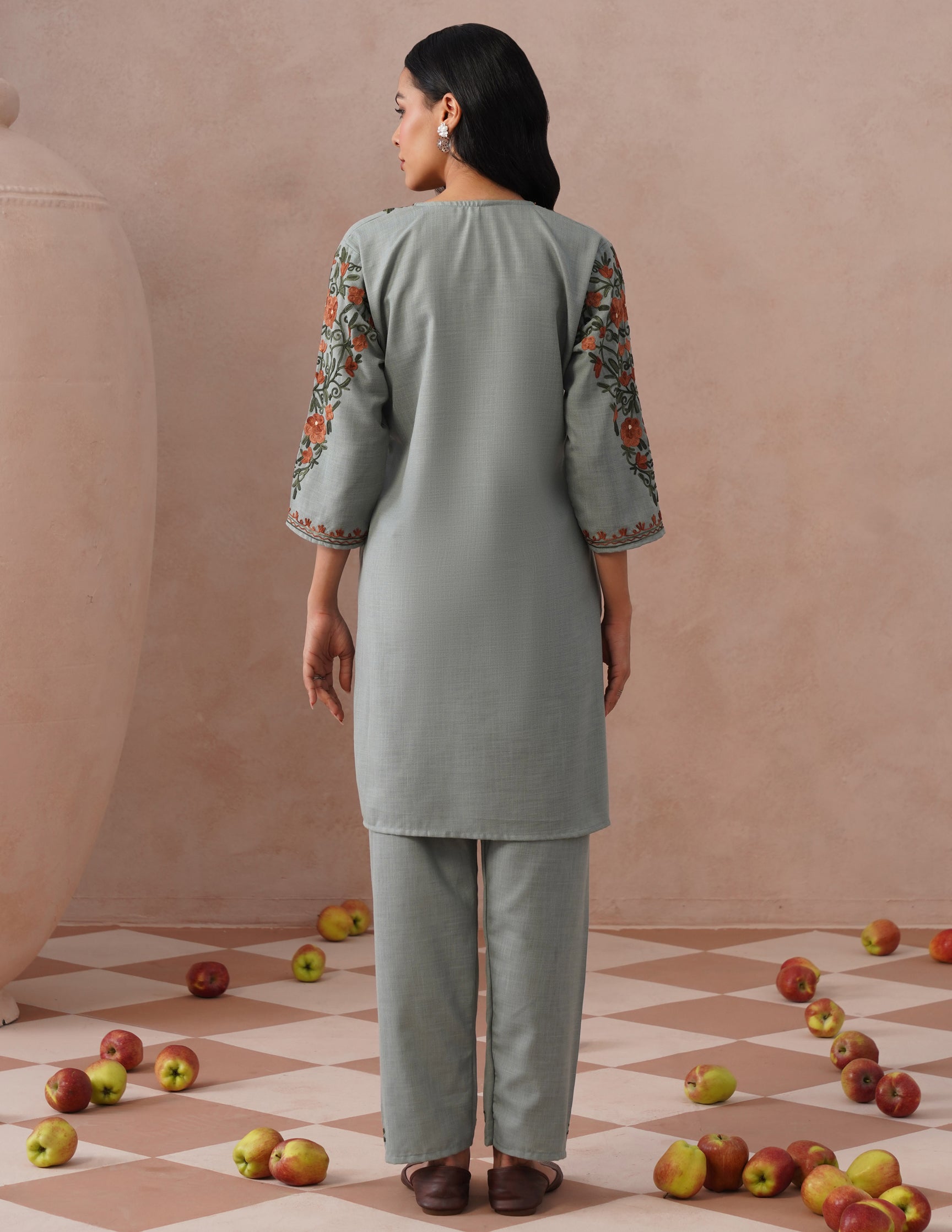 Light Blue Cotton Coordset – Green &amp; Brown Earthy Embroidery | Everyday Ethnic Wear - Kashmir Box