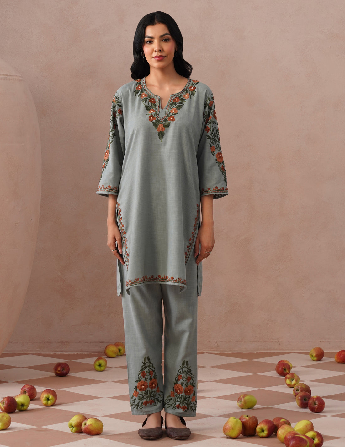 Light Blue Cotton Coordset – Green &amp; Brown Earthy Embroidery | Everyday Ethnic Wear - Kashmir Box