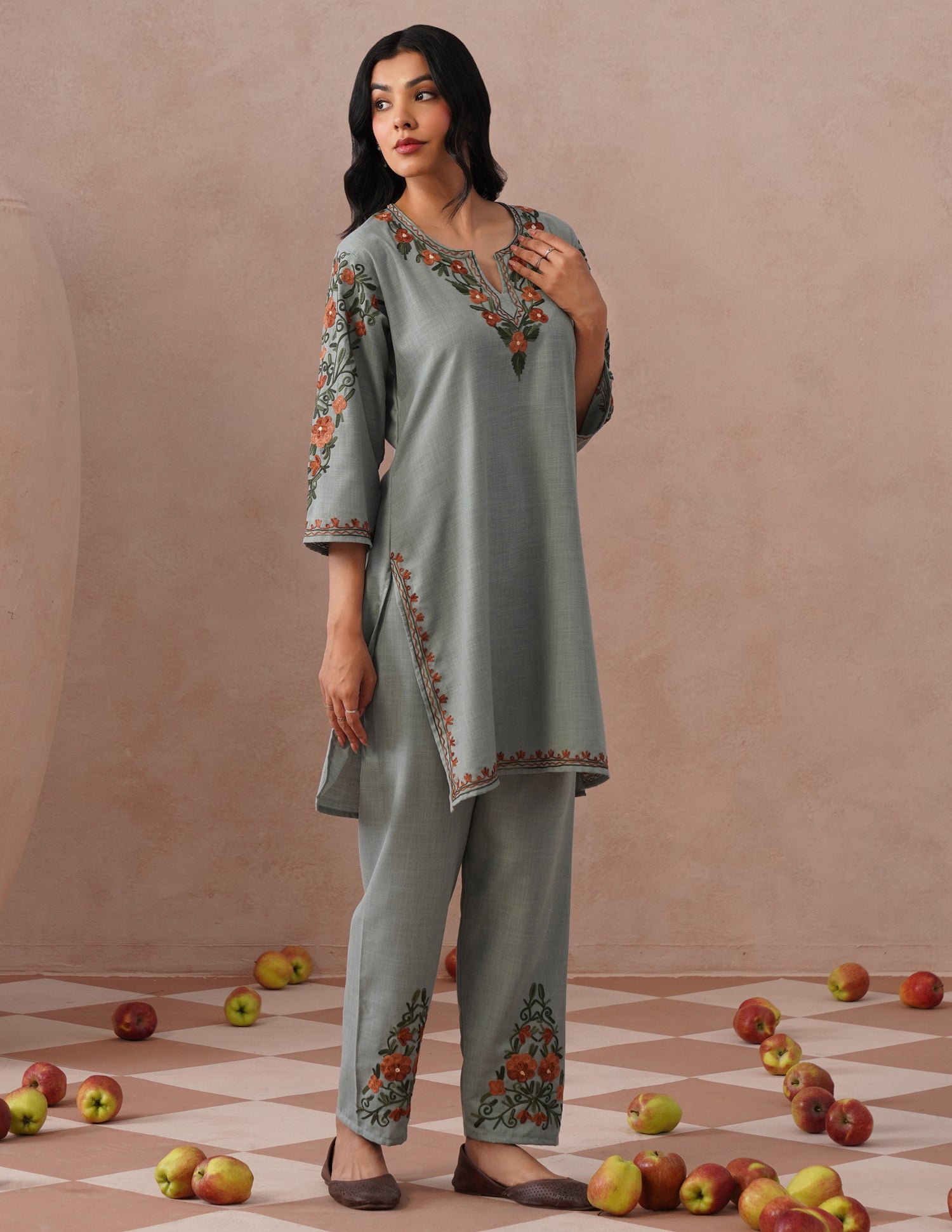Light Blue Cotton Coordset – Green &amp; Brown Earthy Embroidery | Everyday Ethnic Wear - Kashmir Box