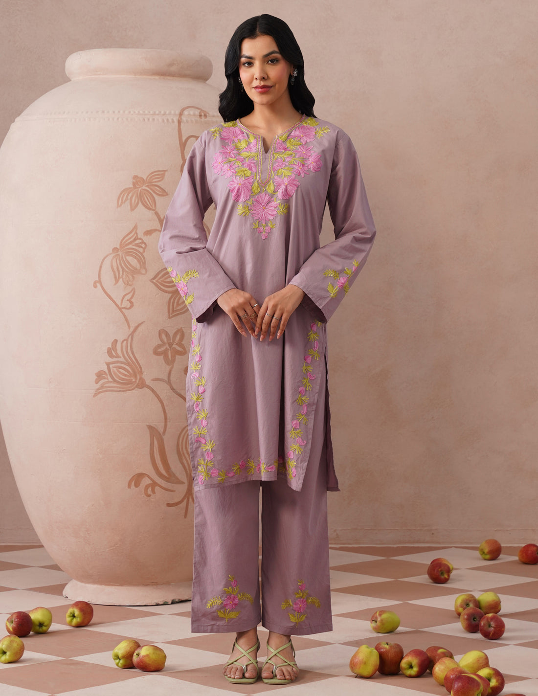 Mauve Poplin Coordset – Pink &amp; Green Aari Embroidery | Feminine Ethnic Wear - Kashmir Box
