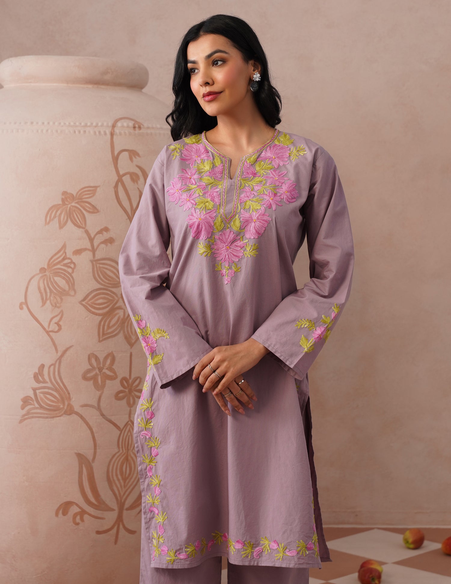 Mauve Poplin Coordset – Pink &amp; Green Aari Embroidery | Feminine Ethnic Wear - Kashmir Box