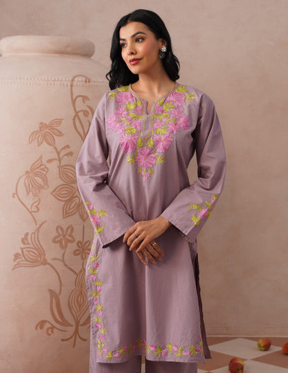 Mauve Poplin Coordset – Pink &amp; Green Aari Embroidery | Feminine Ethnic Wear - Kashmir Box