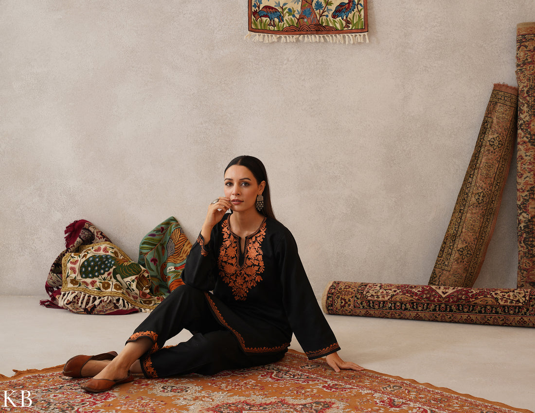 meHER Classic Black Kashmiri Copper Zari Woollen Co-ord Set - Kashmir Box