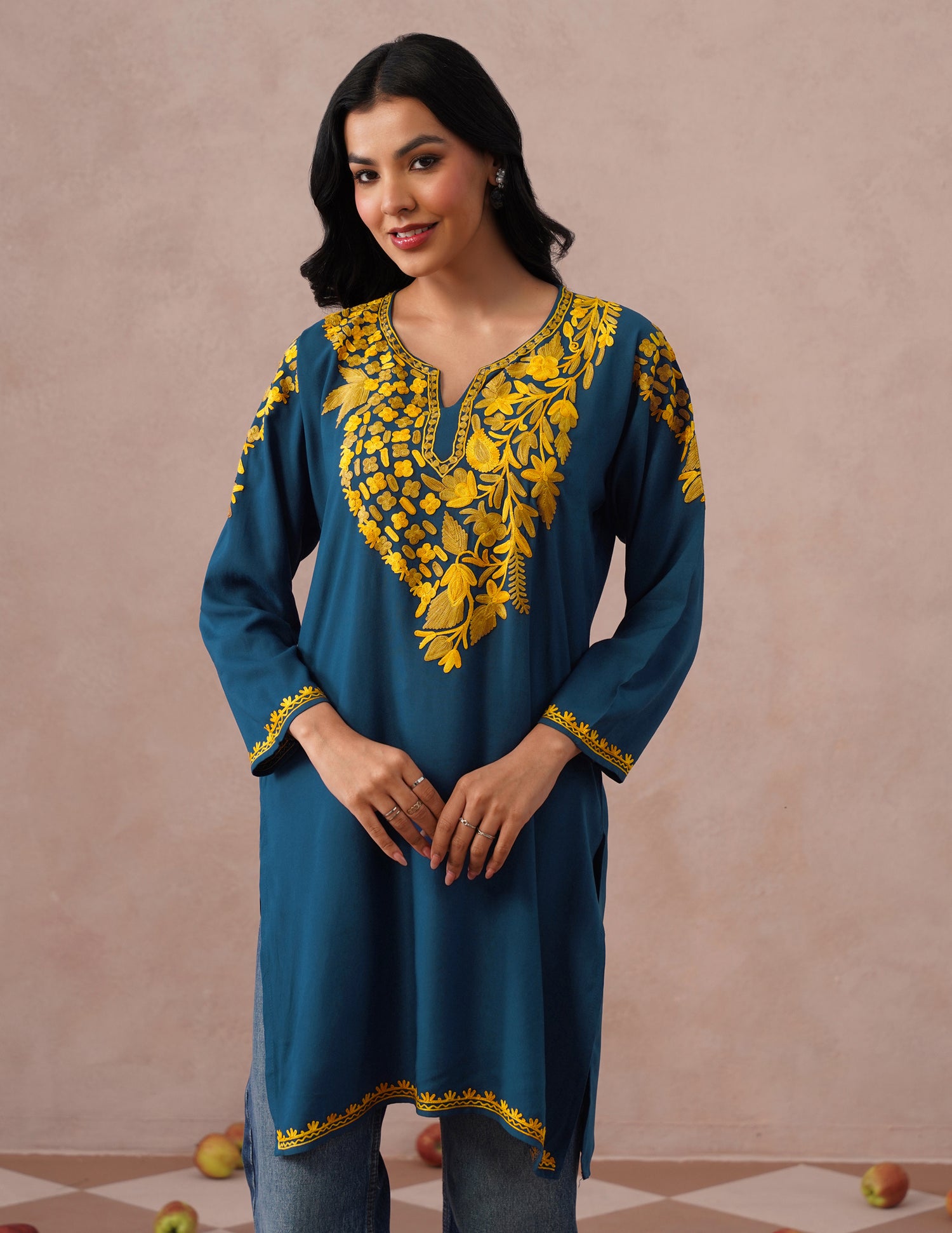 Blue Rayon Kurti – Light Brown &amp; Yellow Earthy Embroidery | Daily Ethnic Wear - Kashmir Box