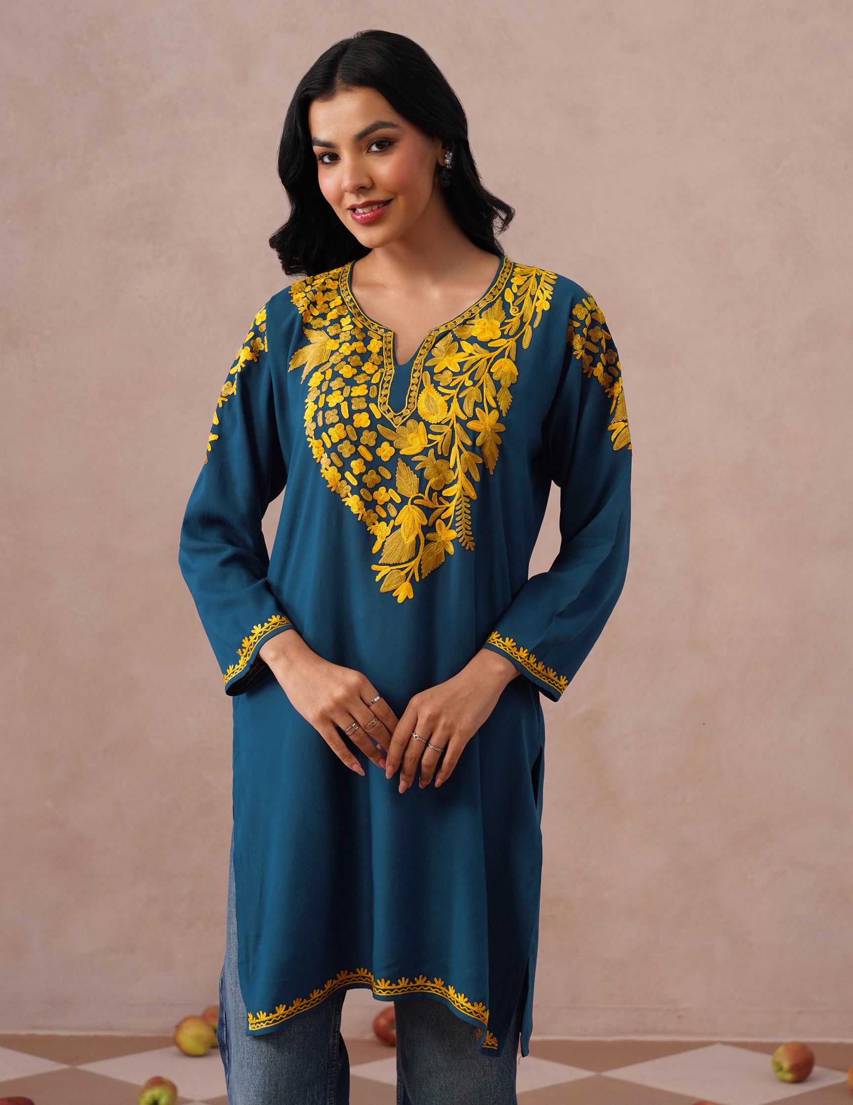 Blue Rayon Kurti – Light Brown &amp; Yellow Earthy Embroidery | Daily Ethnic Wear - Kashmir Box