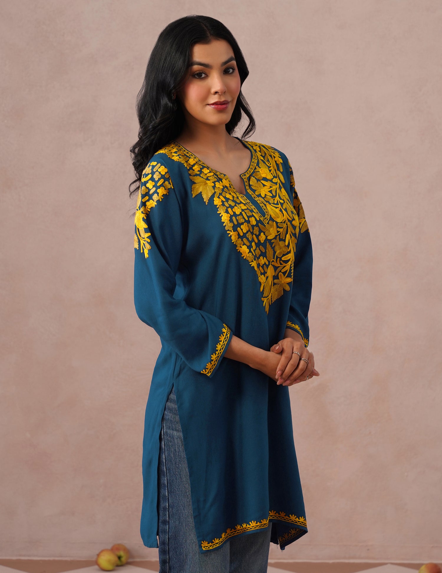 Blue Rayon Kurti – Light Brown &amp; Yellow Earthy Embroidery | Daily Ethnic Wear - Kashmir Box