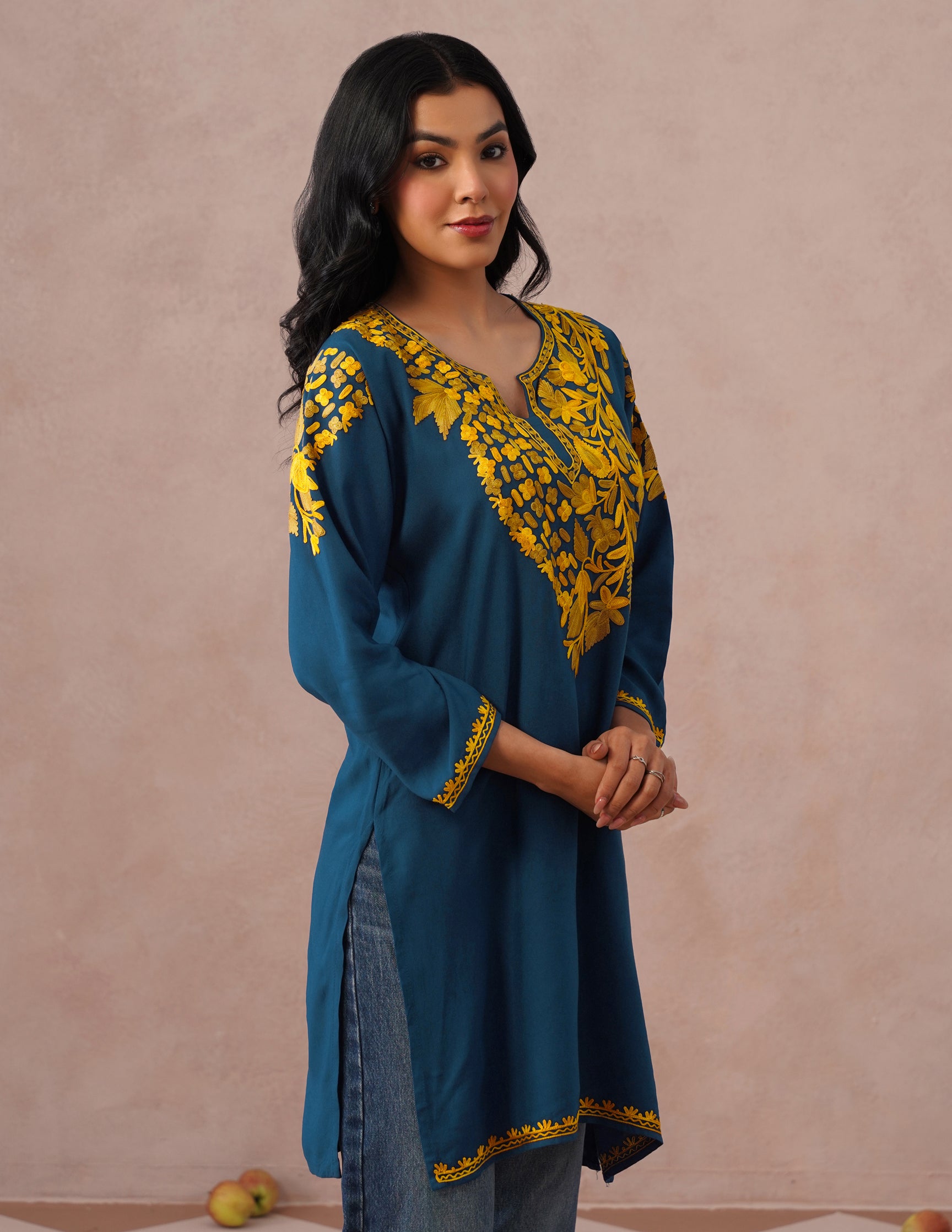 Blue Rayon Kurti – Light Brown &amp; Yellow Earthy Embroidery | Daily Ethnic Wear - Kashmir Box