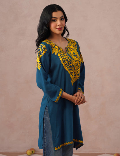 Blue Rayon Kurti – Light Brown &amp; Yellow Earthy Embroidery | Daily Ethnic Wear - Kashmir Box