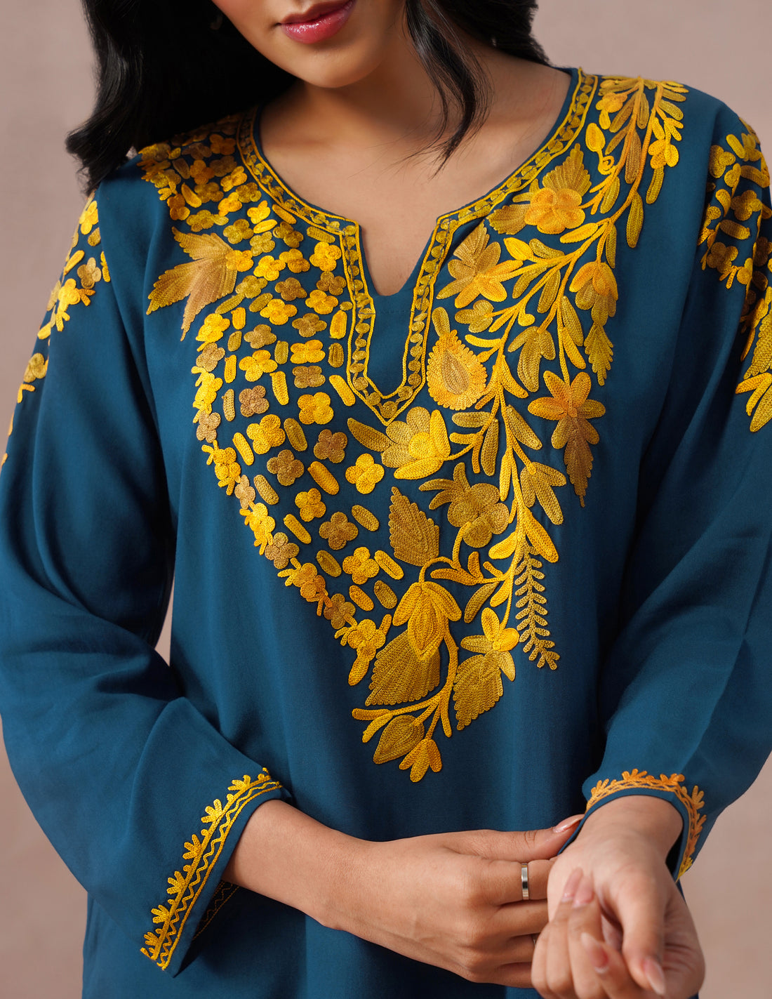 Blue Rayon Kurti – Light Brown &amp; Yellow Earthy Embroidery | Daily Ethnic Wear - Kashmir Box
