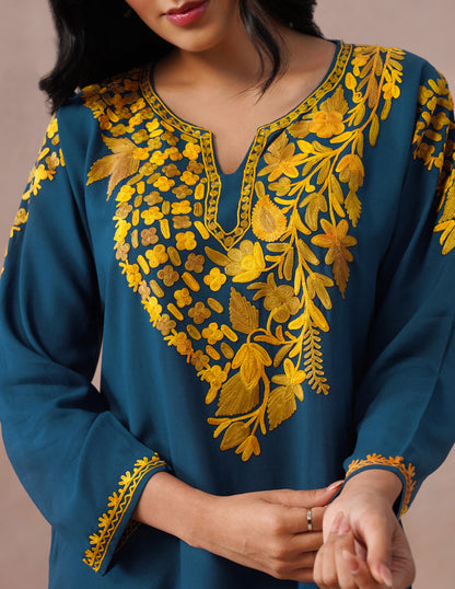 Blue Rayon Kurti – Light Brown &amp; Yellow Earthy Embroidery | Daily Ethnic Wear - Kashmir Box