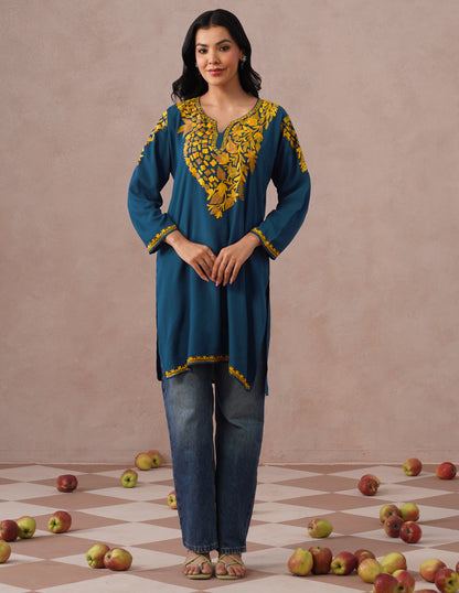 Blue Rayon Kurti – Light Brown &amp; Yellow Earthy Embroidery | Daily Ethnic Wear - Kashmir Box