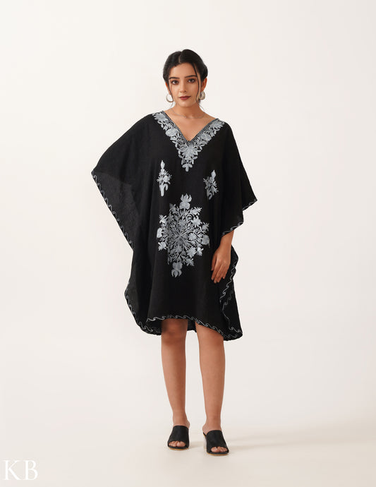 Ash Aari Embroidery on Black Crushed Cotton Short Kaftan