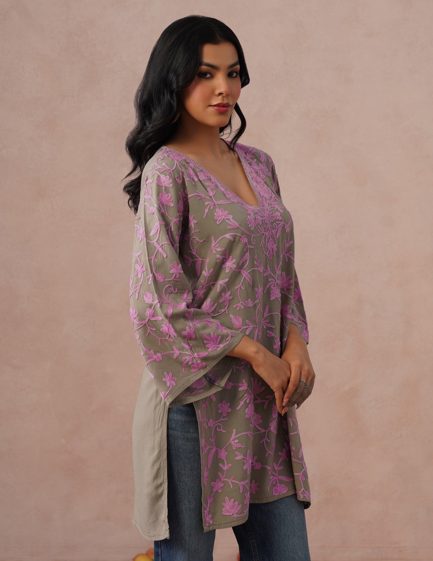 Mouse Grey Rayon Kurti – Pink Aari Embroidery | Office &amp; Casual Ethnic Wear - Kashmir Box