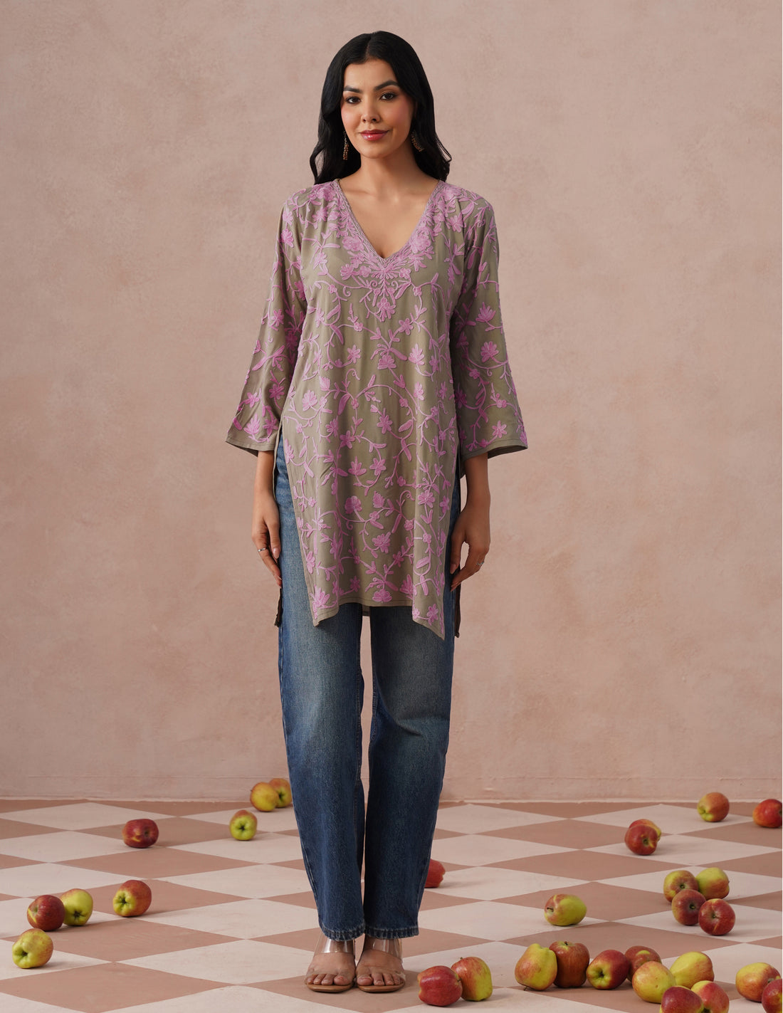 Mouse Grey Rayon Kurti – Pink Aari Embroidery | Office &amp; Casual Ethnic Wear - Kashmir Box